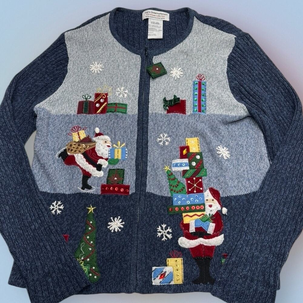 TIARA INTERNATIONAL Women’s XL Blue Cardigan Christmas Sweater